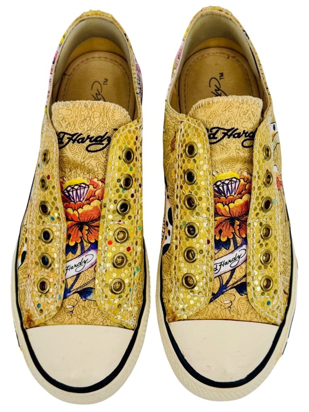 Vtg Y2K Ed Hardy Yellow Canvas Sneakers| McBling Grunge Sleaze Baddie Streetwear - Picture 5 of 16